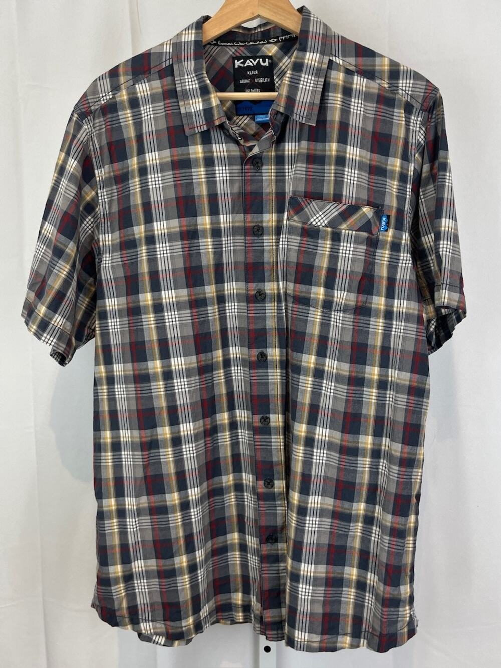 KAVU Size L Plaid Button Front Camp Shirt Short Sleeve Organic Cotton Gray Multi